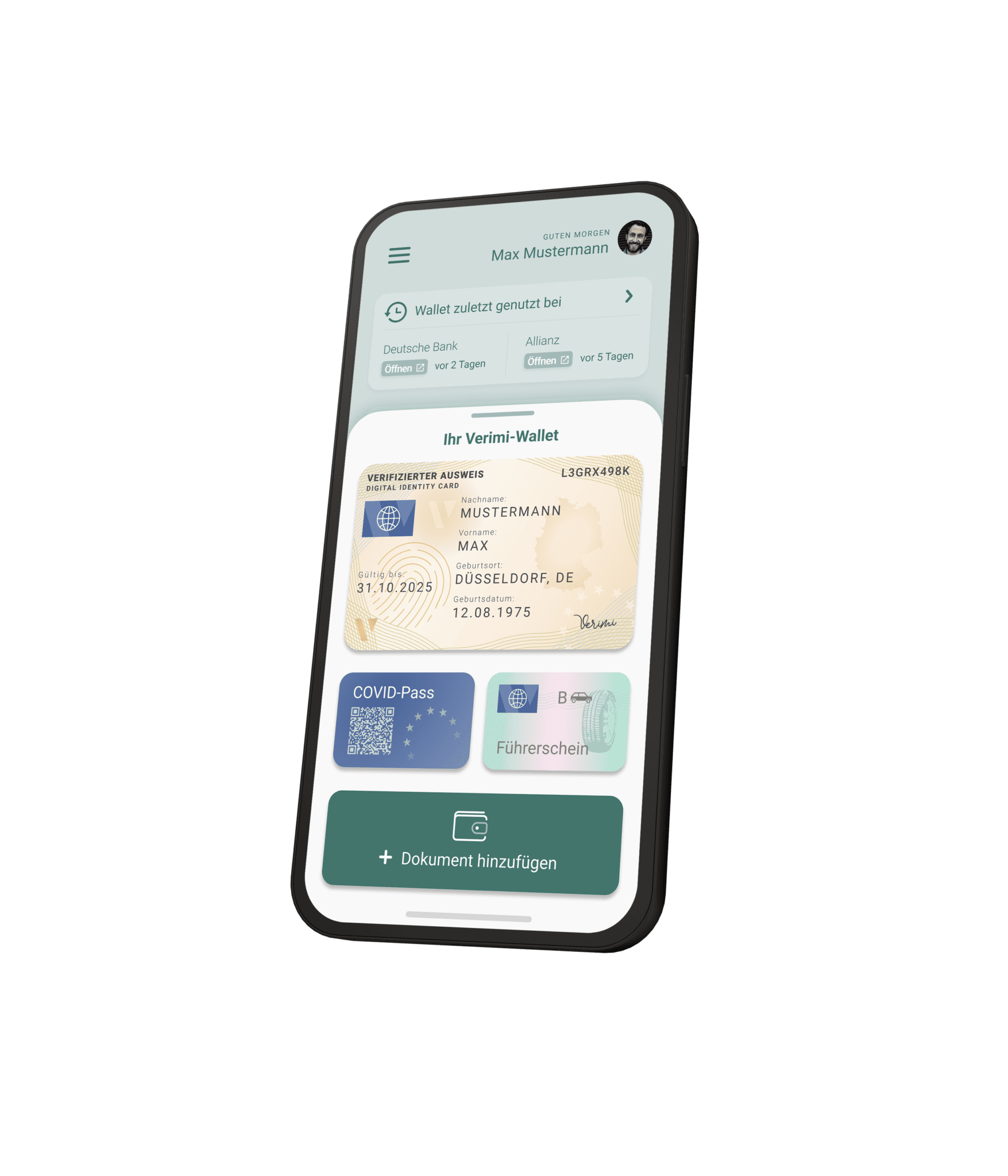 Verimi ID-Wallet mit einem Profilbild oben rechts, darunter die letzten Aktivitäten "Deutsche Bank vor 2 Tagen" und "Allianz vor 5 Tagen". Darunter drei Karten -Digitaler Ausweis, digitaler Führerschein und digitaler Covid Pass - und ein Button mit dem Text "Dokument hinzufügen".