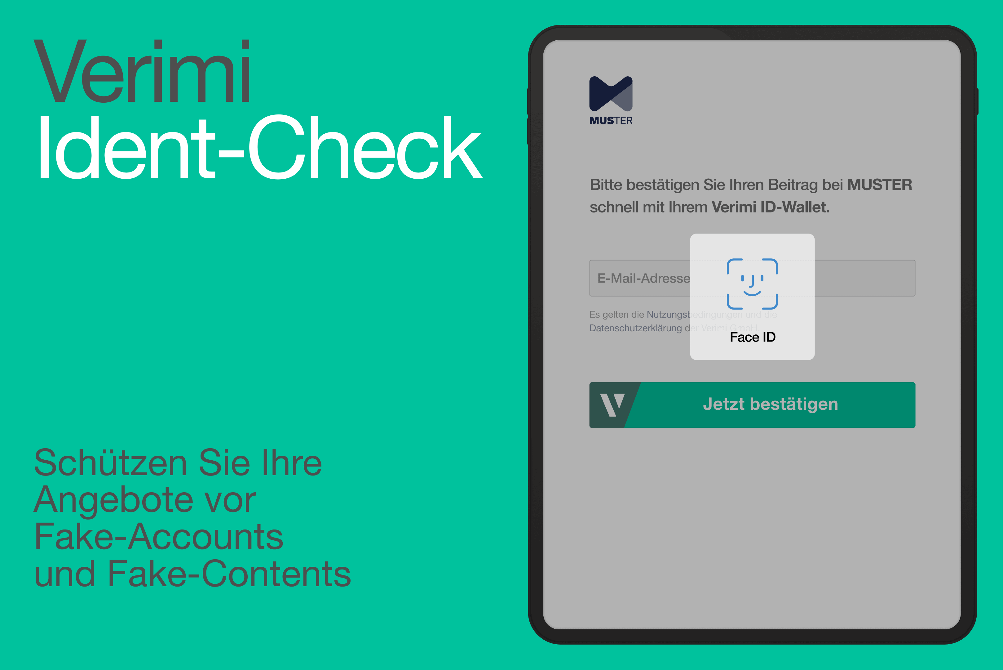 Tablet-Bildschirm zeigt die Aufforderung zur Bestätigung eines Beitrags mit Verimi ID-Wallet und Gesichtserkennung.