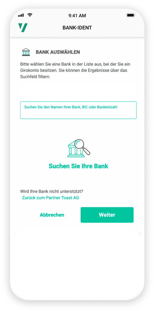 Verimi Screen, der den Identitätsnachweis durch Einloggen in das Online-Banking zeigt.