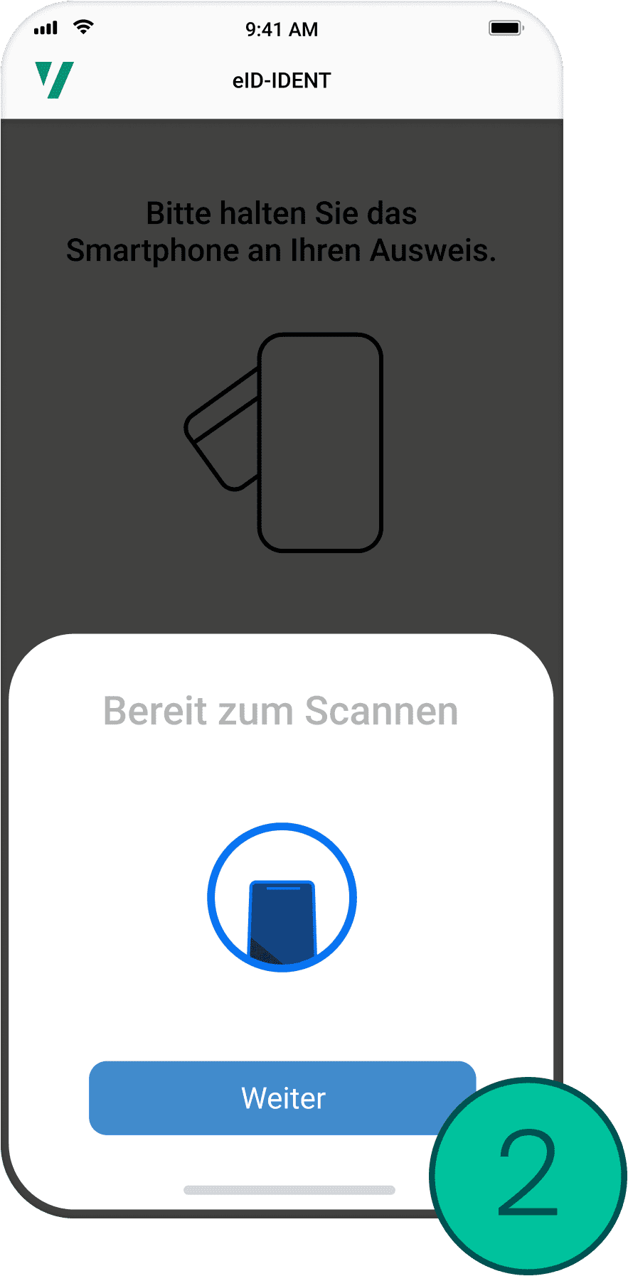 Bildschirmanzeige eines Smartphones mit der Aufforderung, es für den Scanvorgang an einen Ausweis zu halten.