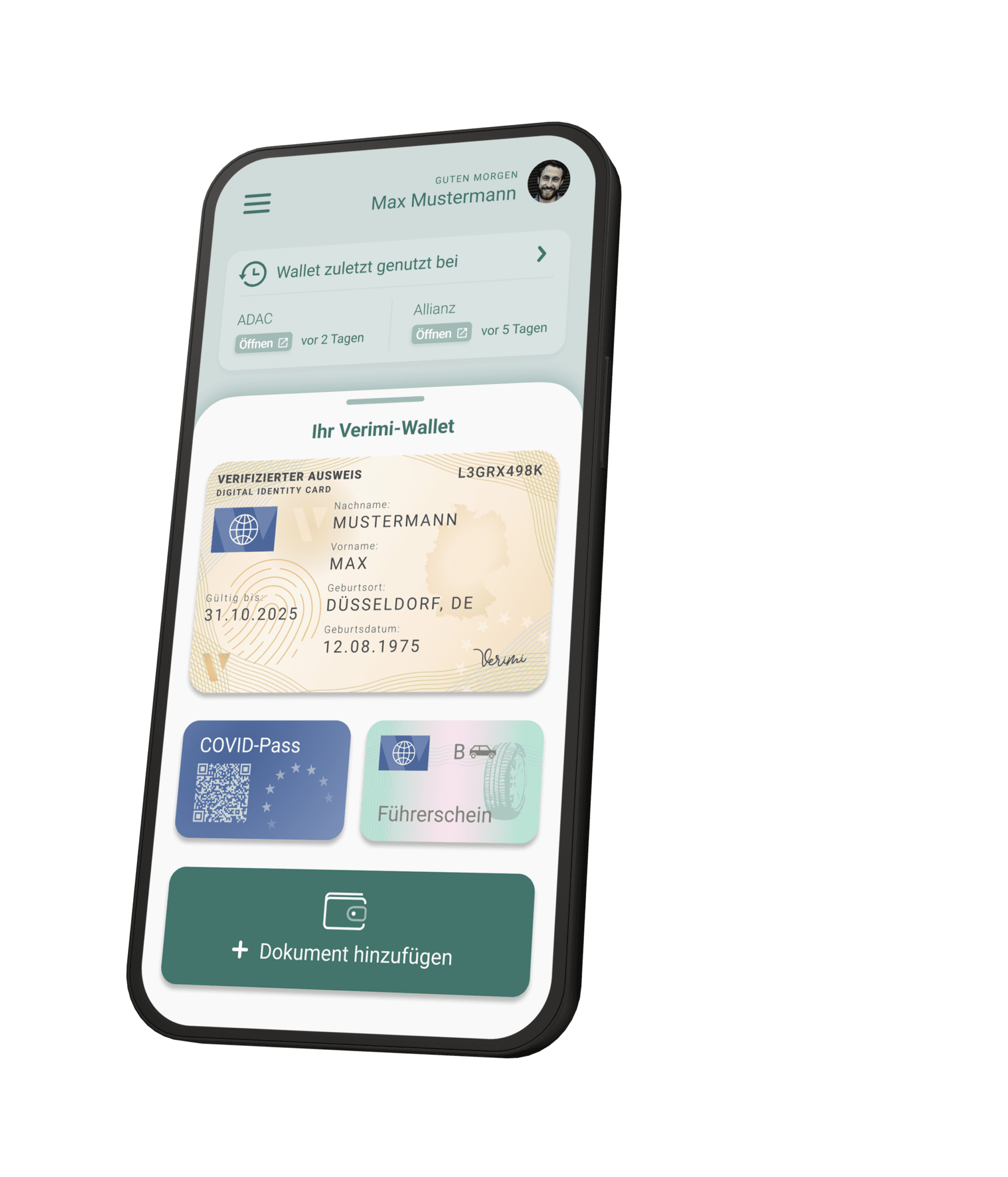 Smartphone-Bildschirm zeigt eine digitale Wallet-App mit personalisierten Dokumenten, einschließlich eines digitalen Identitätsnachweises und COVID-Pass.