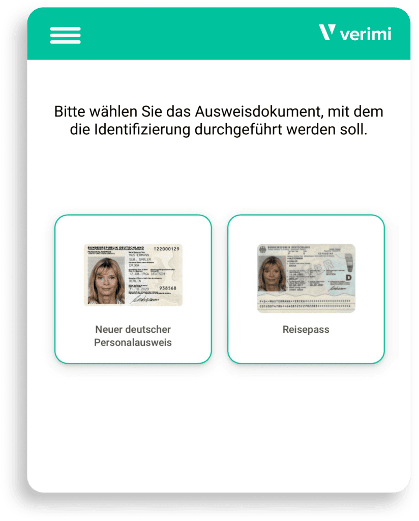 Auswahlbildschirm auf einem Tablet zeigt einen neuen deutschen Personalausweis und einen Reisepass zur Identifikation.