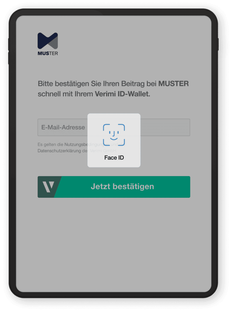 Tablet zeigt eine Authentifizierungsseite mit einer Option zur Bestätigung über Face ID.