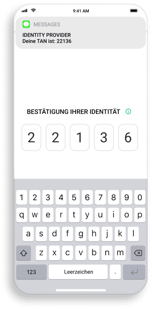 Smartphone-Bildschirm zeigt eine Video-Identifikationssitzung mit einem Kundenbetreuer und einem Kunden.