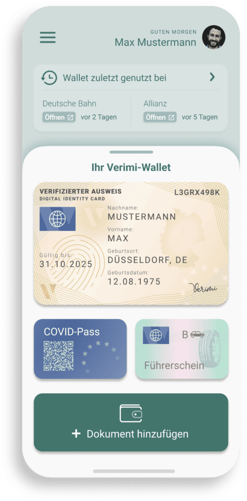 Verimi's sichere digitale ID-Wallet App speichert all deine Ausweise, Pässe, Führerscheine und vieles mehr sicher auf deinem Smartphone. Greife einfach und bequem auf deine Daten zu.