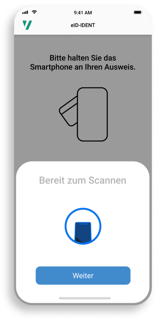Smartphone-Bildschirm zeigt Aufforderung, das Gerät zum Scannen an einen Ausweis zu halten.